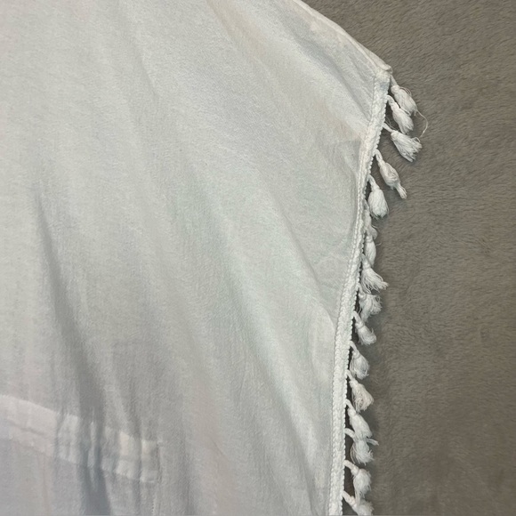 Peruvian Cotton Resortwear White Maxi Kaftan Cover Up Fringe Sz M Made in Peru - Picture 6 of 13